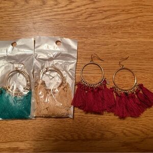 Tassel Hoop Earrings Set in Red, Tan, and Teal
